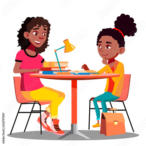Afro American Mother Helps Child Do School Homework Vector. Isolated Illustration