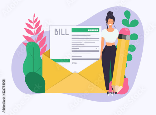 Woman with pencil get a paying bill mail. Payment of utility, bank, restaurant and other. Flat design modern vector illustration concept.