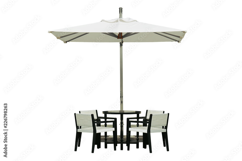 Outdoor Coffee Table Set and Umbrella Isolated on White Background Outdoor Coffee Table Set and Umbrella Isolated on White Background