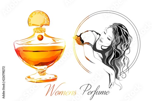 Beautiful perfume bottle with a beautiful girl. Vector illustration