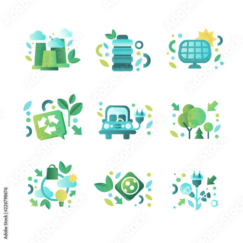 Eco related symbols set, ecology cocept, environment protection, eco friendly technologies vector Illustration on a white background