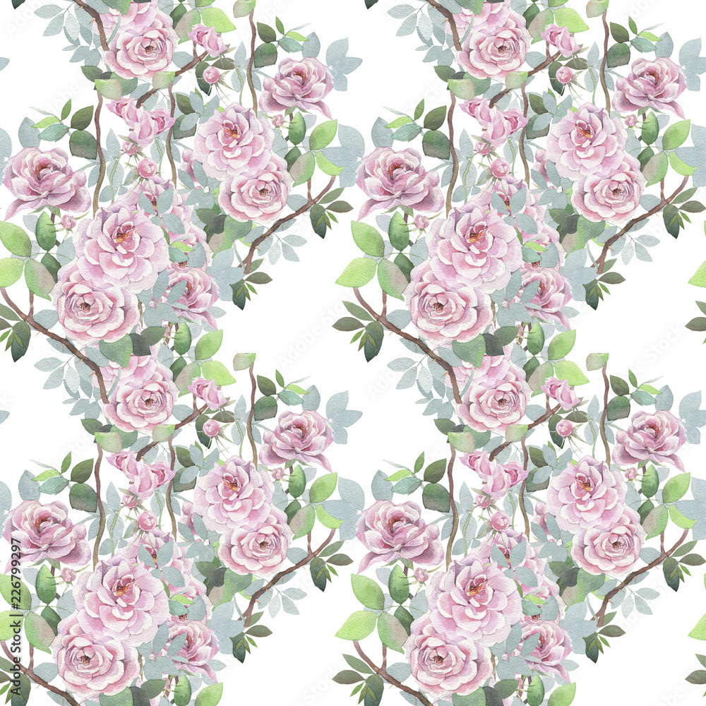 Watercolor seamless pattern. Wild roses mixed background. Romantic wallpaper.