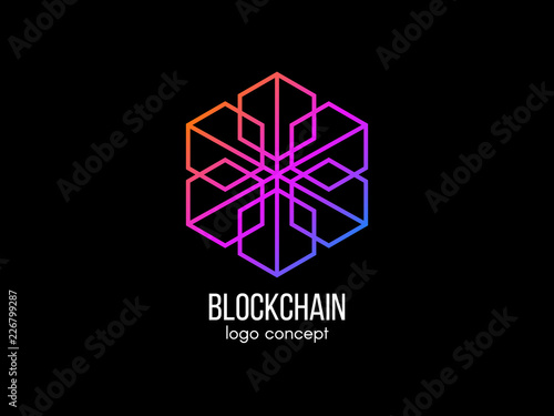 Blockchain logo concept. Modern technology design. Color cube logotype. Cryptocurrency and bitcoin label. Digital money icon. Vector illustration