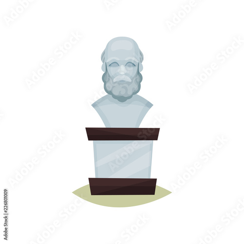 Stone bust of old bearded man. Exhibit of historical museum. Statue of famous person. Flat vector design