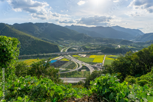 Arial view of the Highway in South Korea  among high mountain. photo