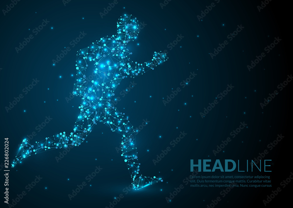 Abstract Illustration of a running man created of lines dots and lights on a dark background - abstract space and stars - futuristic polygonal wireframe design