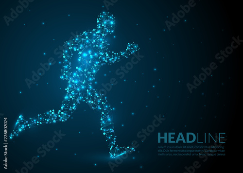 Abstract Illustration of a running man created of lines dots and lights on a dark background - abstract space and stars - futuristic polygonal wireframe design