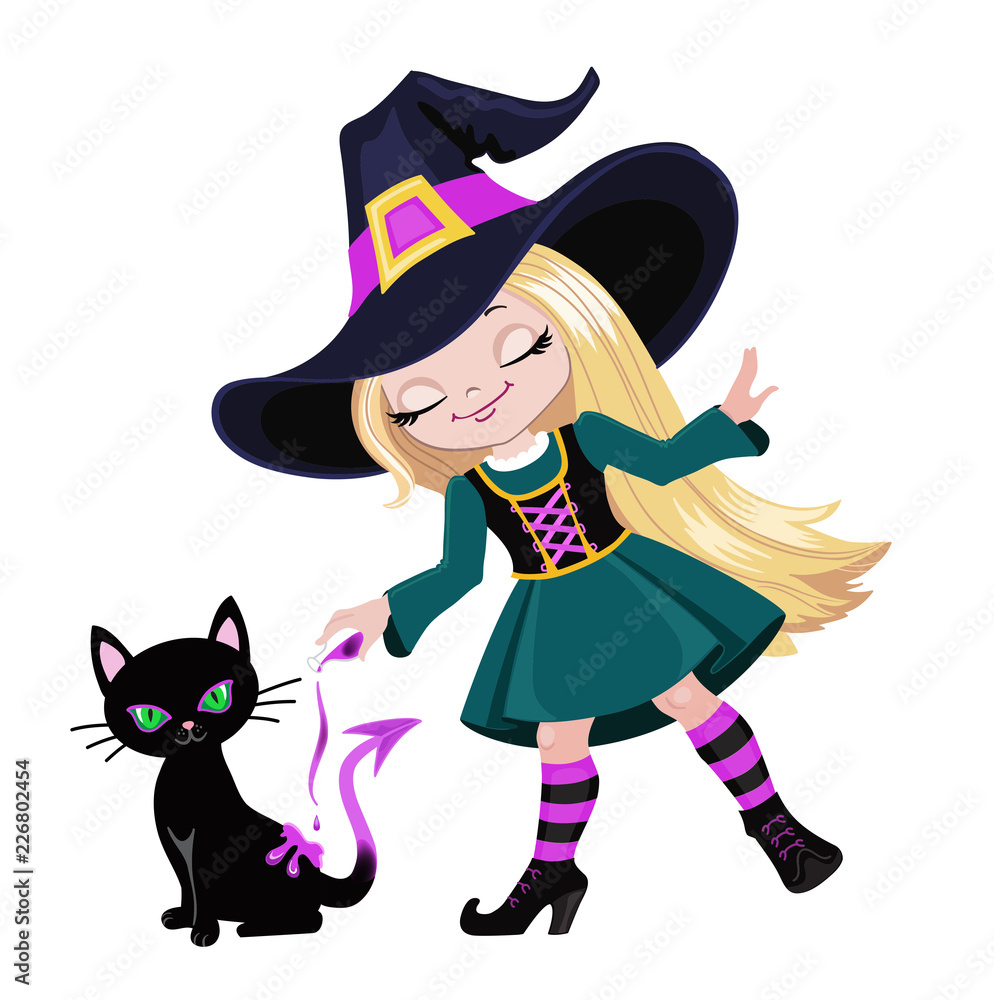 Cute witch conjures by pouring out a magic potion on a black cat.