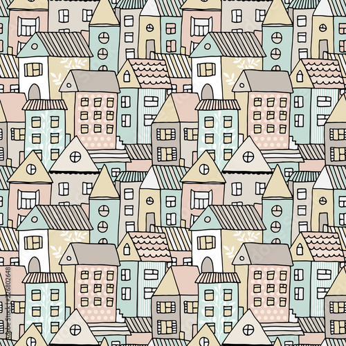 Hand drawn seamless pattern with doodle houses  vector background with cartoon town