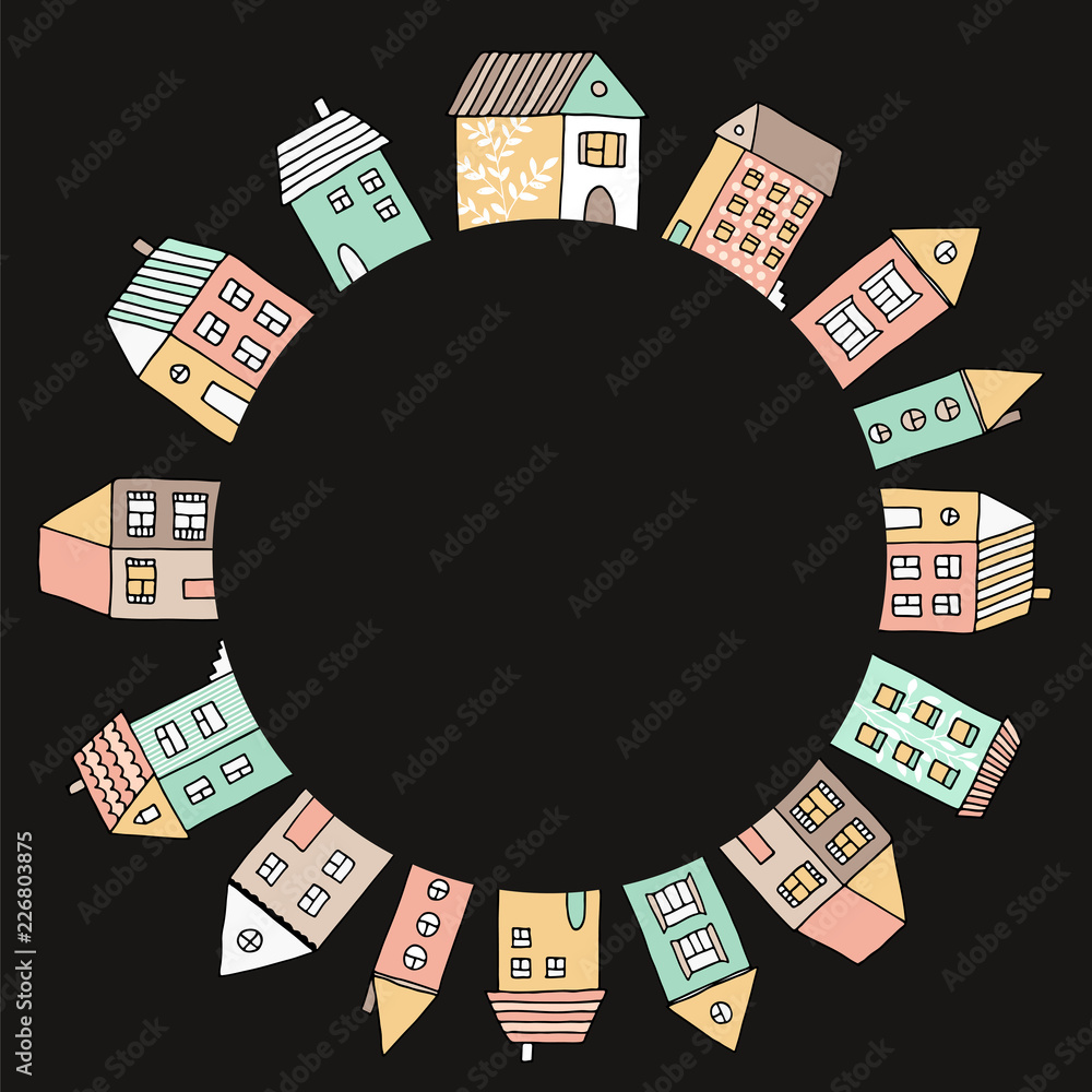 Decorative frame with hand drawn houses, cartoon vector town with floral elements