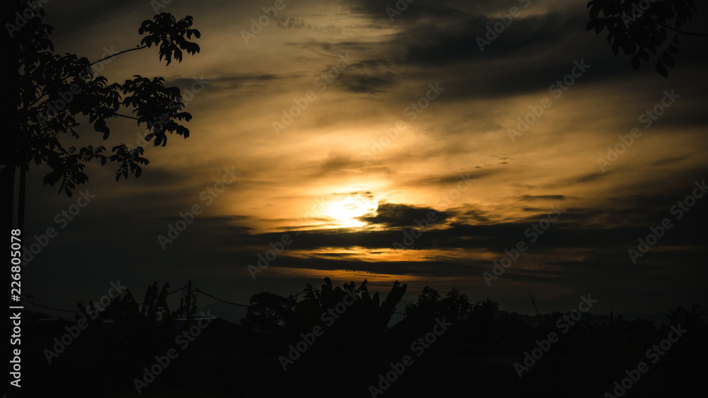 Dark morning sunrise in rural area 