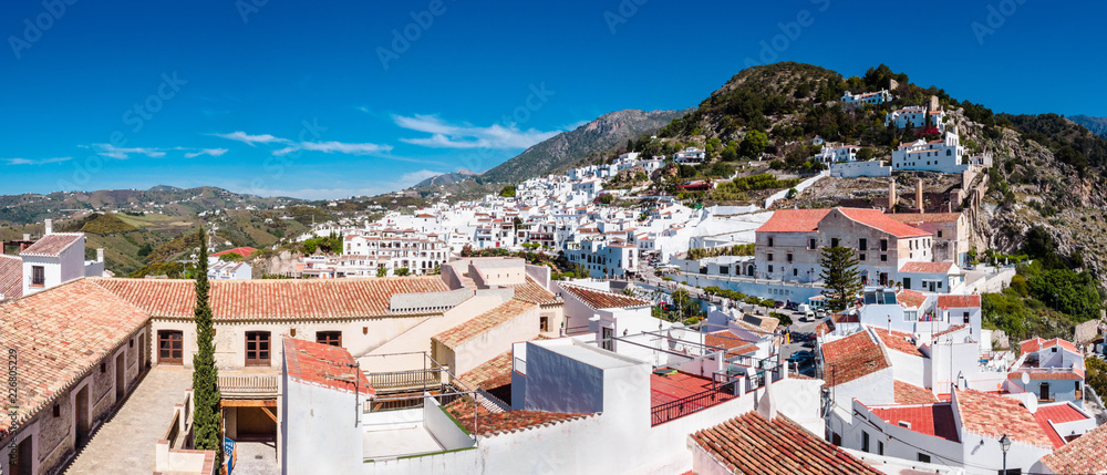 A Panoramic view of trhe hillside village of Frigiliana in  Anadalucia, Spain