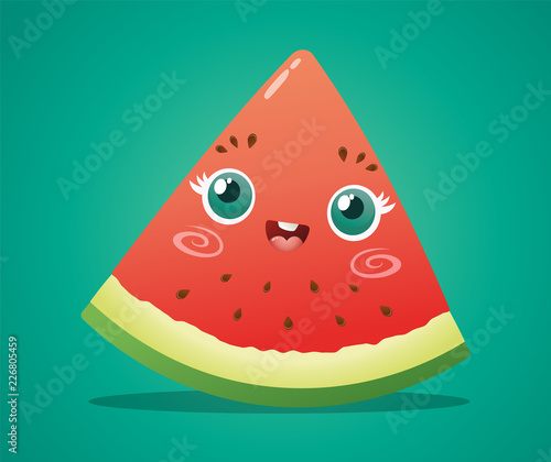 Cute watermelon slice character with a happy face. Vector illustration isolated on green background.
