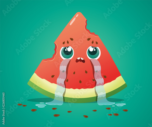 Cute watermelon slice half eaten character crying. Vector illustration isolated on green background.