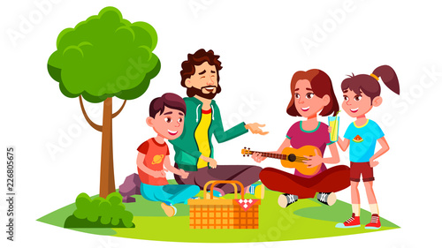 Family With Children On A Picnic In Nature Vector. Isolated Illustration