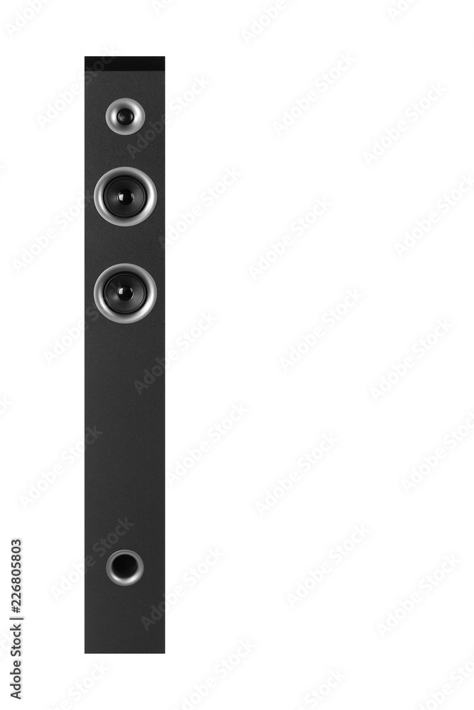 Music and sound - Front view tower loudspeaker enclosure. Isolated Music and sound - Front view tower loudspeaker enclosure. Isolated