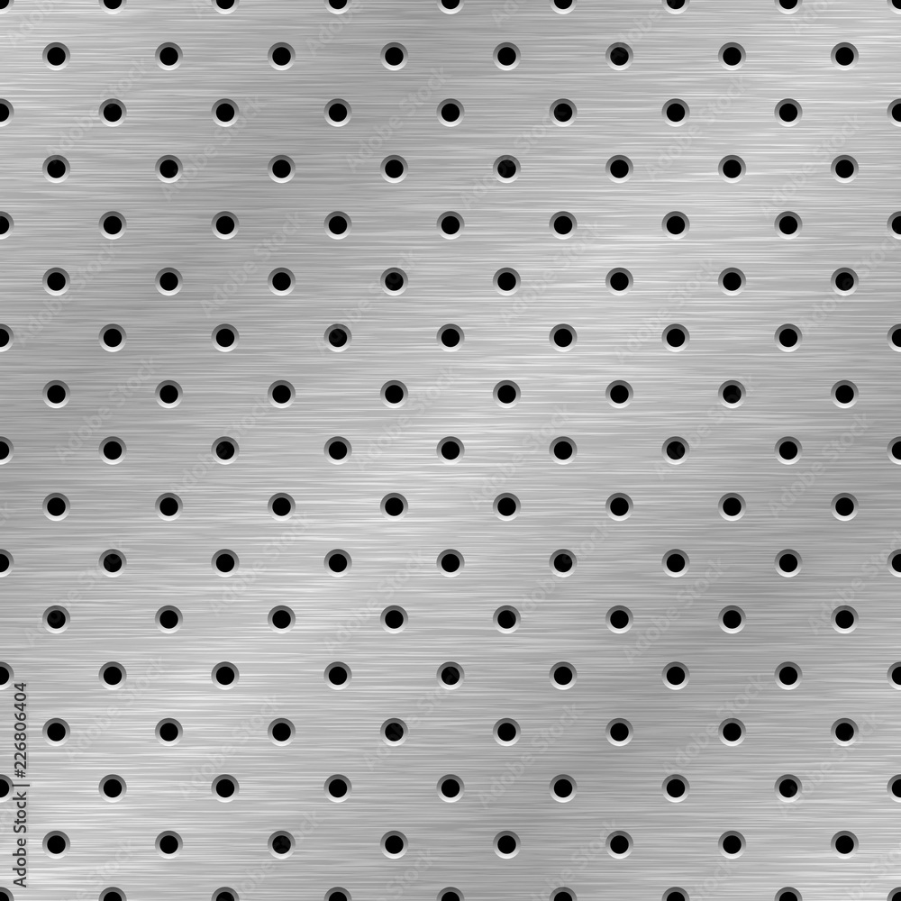Perforated brushed metal texture. Vector seamless pattern. Steel background with holes. Stock