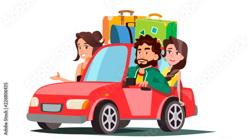 Family With Children Going In The Car On Vacation Vector. Isolated Illustration