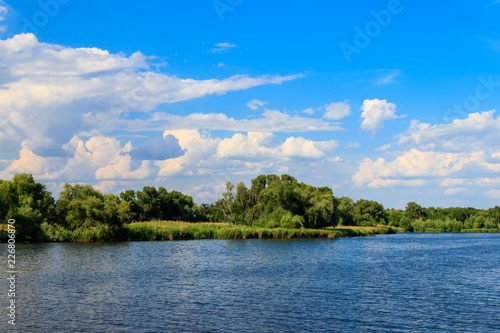 Summer landscape with beautiful lake  green trees and blue sky