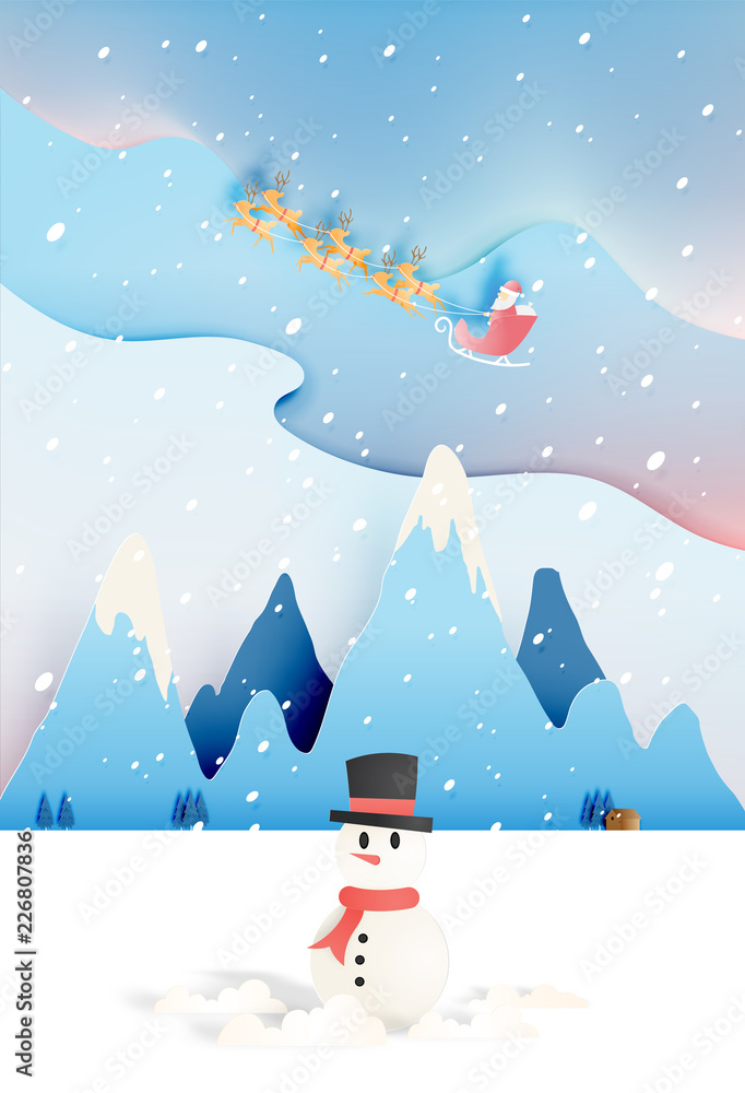 Santa claus on the sleigh with beautiful sky in paper art and pastel schenme Santa claus on the sleigh with beautiful sky in paper art and pastel schenme