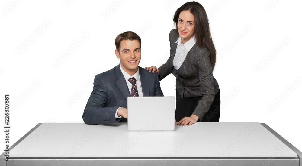 Friendly Coworkers Working at Desk with Laptop - Isolated