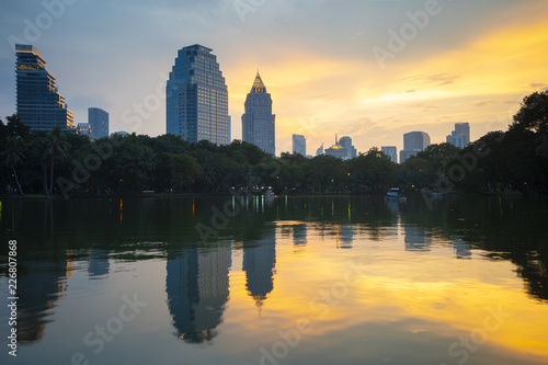 Jungle in the city. View from Lumphini Park in Bangkok, Thailand while sunset