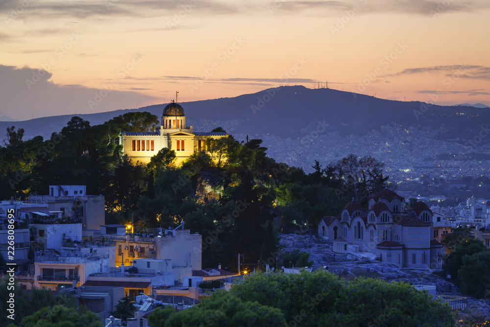 Evening view of the National Observatory on the Hill of Nymphs in Athens, Greece. 
