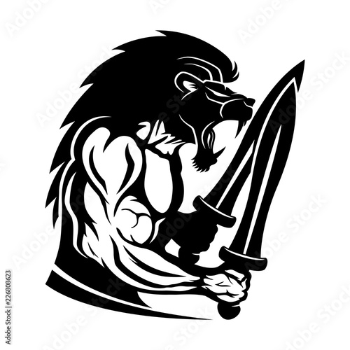 Fototapeta Naklejka Na Ścianę i Meble -  Strong warrior with a lion head and two swords on a white background.