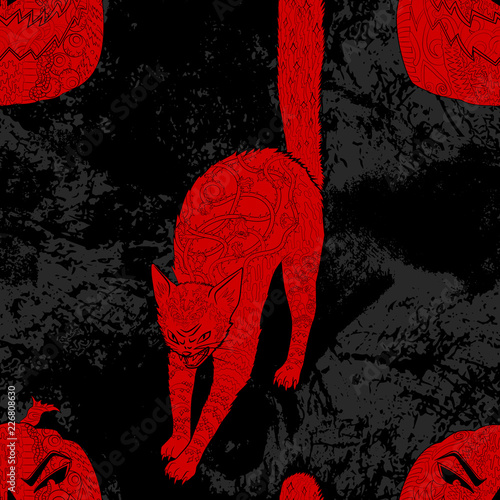 Seamless pattern with Halloween cat and pumpkin