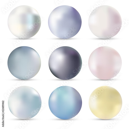 Pearls realistic set vector illustration isolated on white background with shadow. Precious stones, fine jewelry. Beautiful 3d orbs