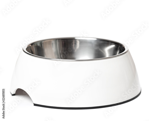 Empty pets bowl isolated on white background. Metal cat or dog bowl.