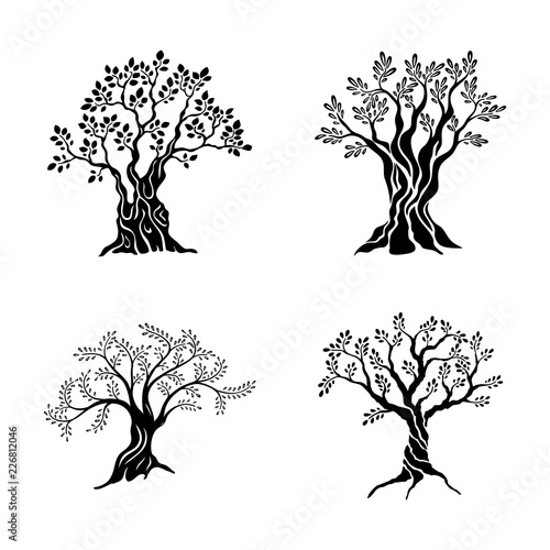 Olive trees silhouette icon set isolated on white background. Oil vector sign. Premium quality illustration logo design concept pictogram.