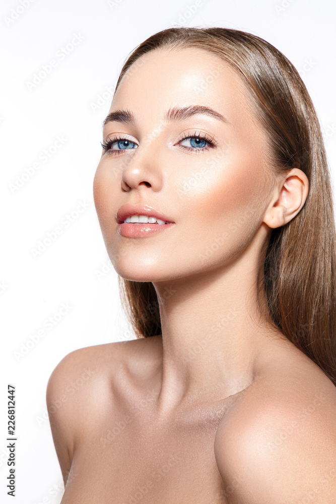 Beautiful woman portrait with fresh clear skin and nude make up. Beautiful woman portrait with fresh clear skin and nude make up.