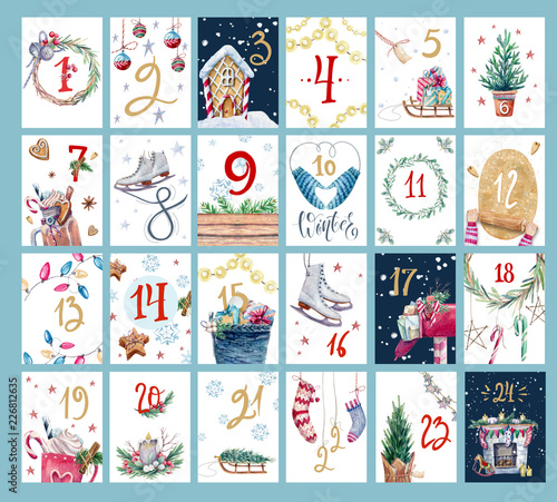 Christmas advent calendar with watercolor illustration.  Set of cute christmas cards. photo