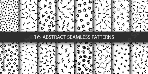Set of vector abstract seamless patterns with different shapes. Collection of patterns in the Memphis style. Patterns added to the swatch panel.