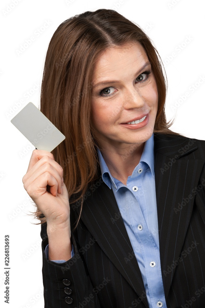 Young woman holding blank card and looking at camera Young woman holding blank card and looking at camera