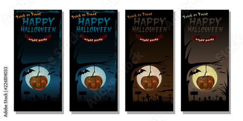 Halloween banner design set. Happy Halloween. Full moon over cemetery. Vector illustration