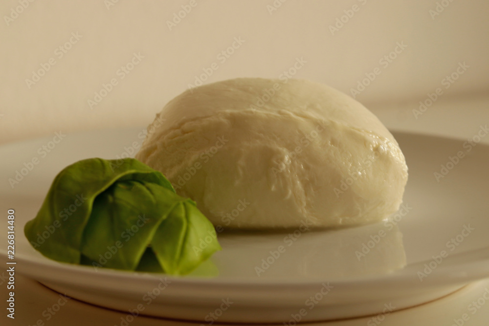 Mozzarella di Bufala con basilico. Piatto Ristorante. Dieta mediterranea. Latticino, latte