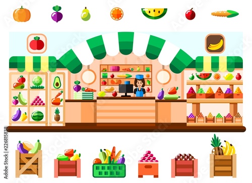 Vegetable shop indoor with seller, showcase and refrigerator. Supermarket interior with goodies. Fruits and vegetables in basket, boxes and containers. Healthy eating and eco food. Flat illustration