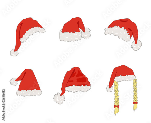 Vector Cartoon Santa Hats, Christmas Design Element, Set Isolated.