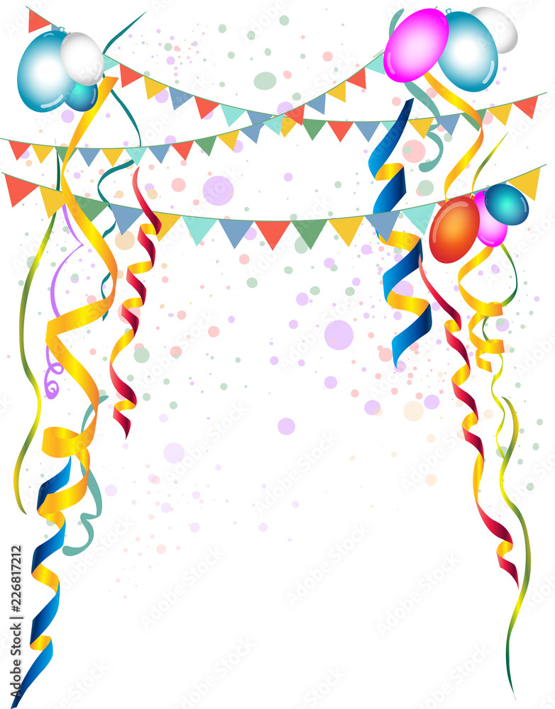 Festive party background.It decorate with coiled streamers, confetti, form top down and  colored balloons and flag garlands on white background  with copy space for party and festival usage