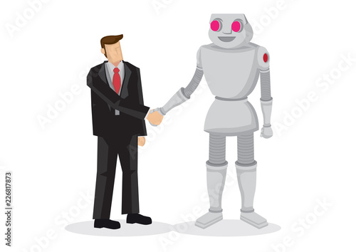 Human and robot hand shaking. Concept of negotiating business, cooperation, collaboration, teamwork, communication or partnership with a robot. Isolated vector illustration.