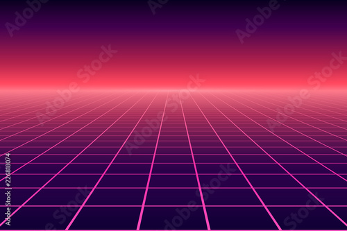 Vector perspective grid. Abstract retro background in 80s style. Fototapet