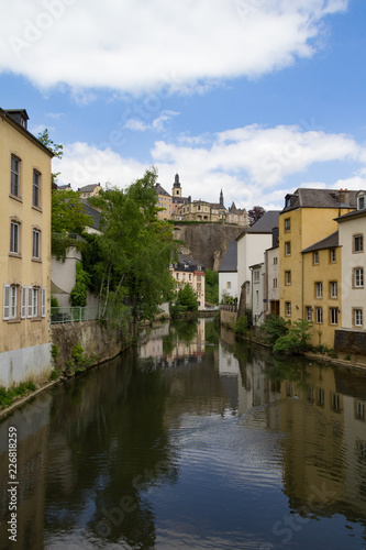 Spring Alzette river scene in Luxembourg from Rue Munster street