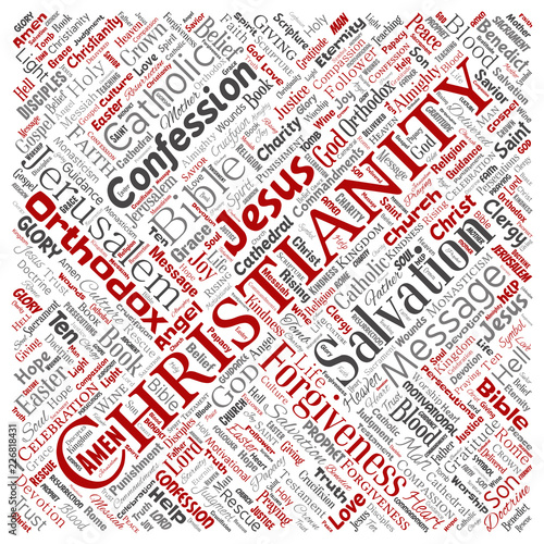 Vector conceptual christianity, jesus, bible, testament square red  word cloud isolated background. Collage of teachings, salvation resurrection, heaven, confession, forgiveness, love concept