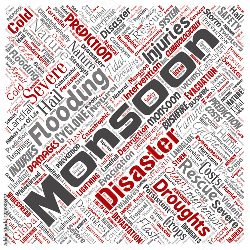 Vector conceptual monsoon dangerous weather square red meteorology word cloud isolated background. Collage of tropical dramatic storm force, strong wind blowing, rain hail thunderstorm concept design