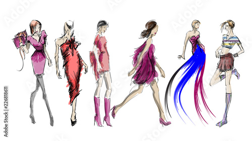 Sketch. Fashion Girls on a white background. Vector illustration