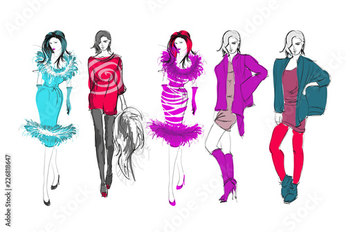 Sketch. Fashion Girls on a white background. Vector illustration