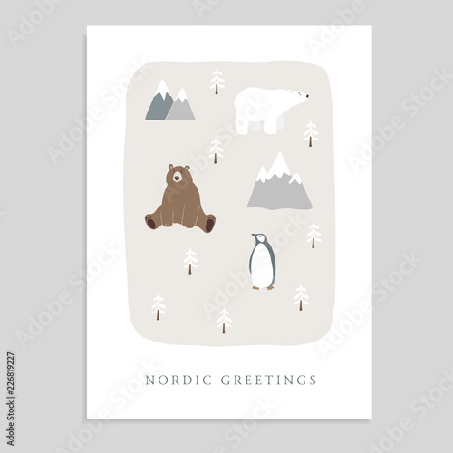 Cute Merry Christmas greeting card, invitation with bear, polar bear, penguin, fir trees and mountains. Hand drawn kids nordic design. Vector illustration background.