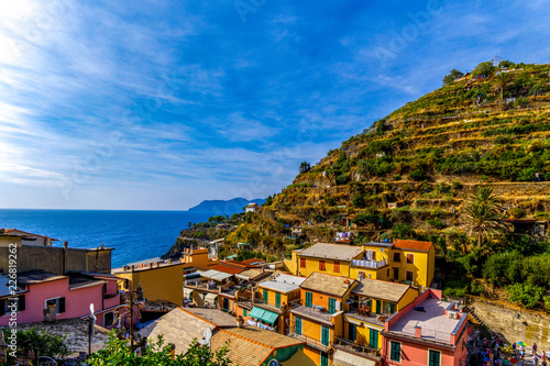 Colorful houses with storied vineyards backgroud in Manarola Village Italy 